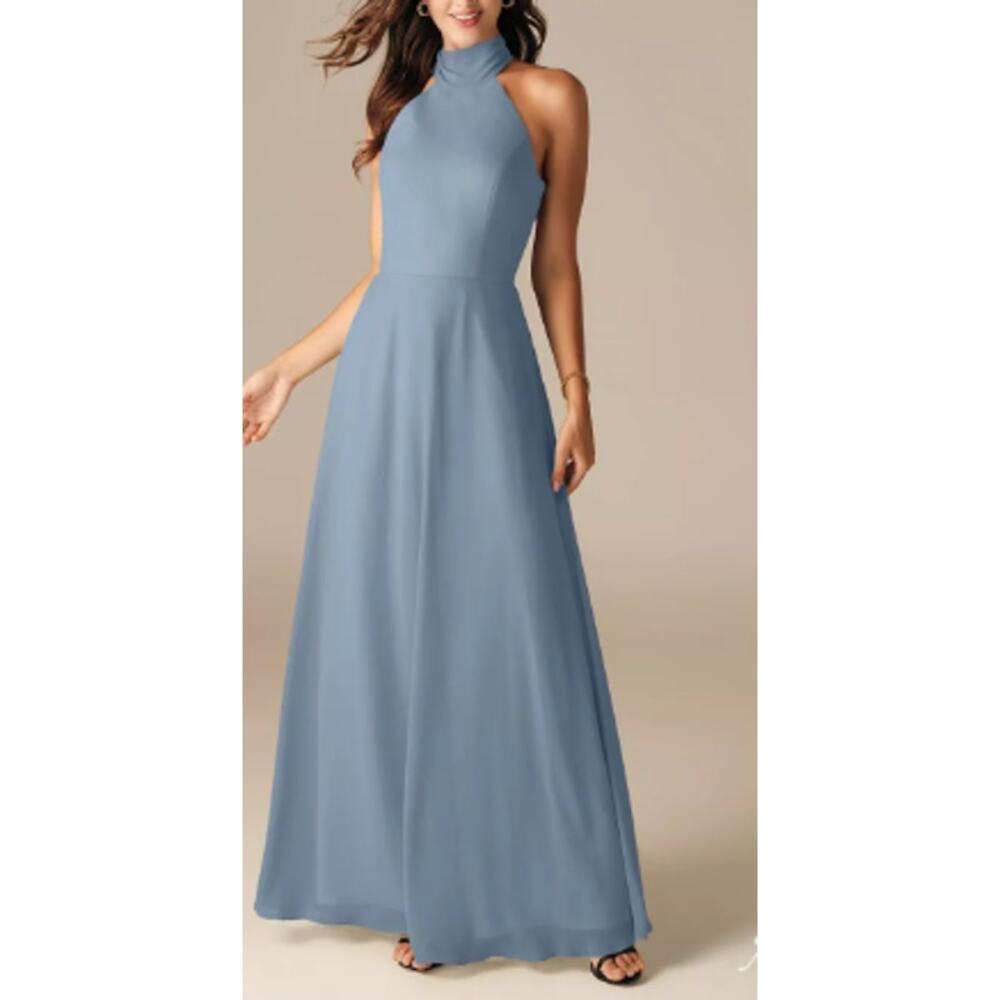 AW BRIDAL 12 L ligth dusty blue chiffon Adrienne formal maxi dress NEW b135